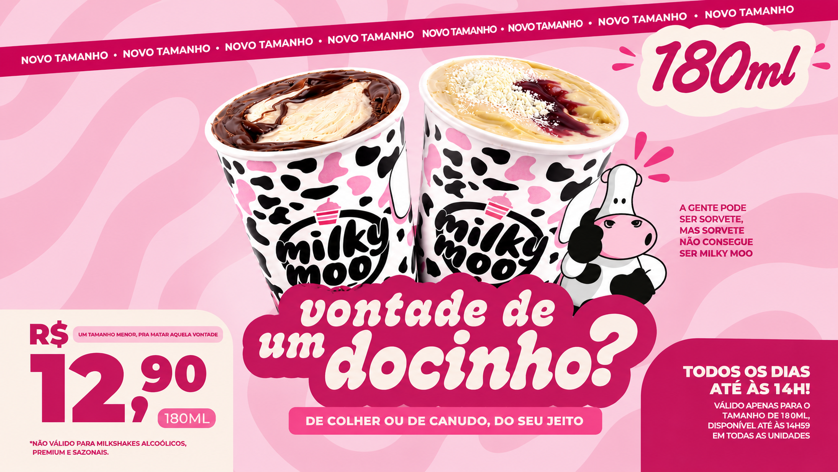 Banner promocional da Milky Moo em tons de rosa apresenta dois copos de sobremesa de 180ml com estampa de vaquinha, sabores cremosos e destaque para a oferta de R$12,90. A arte da Milky Moo traz tipografia divertida, fundo com formas orgânicas e identidade visual moderna inspirada em campanhas de doces e milkshakes.