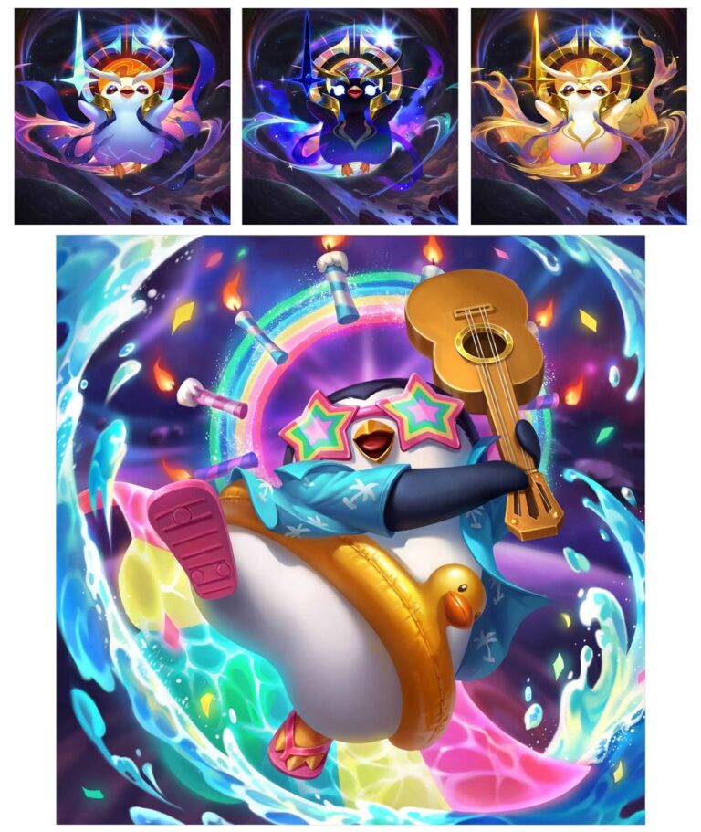 Cosméticos comemorativos de Teamfight Tactics apresentam versões especiais do Pingu Deus Festeiro durante o aniversário de 7 anos.