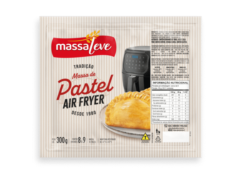 Embalagem da Massa Leve para massa de pastel Air Fryer destaca praticidade, preparo rápido e nova identidade visual da marca.