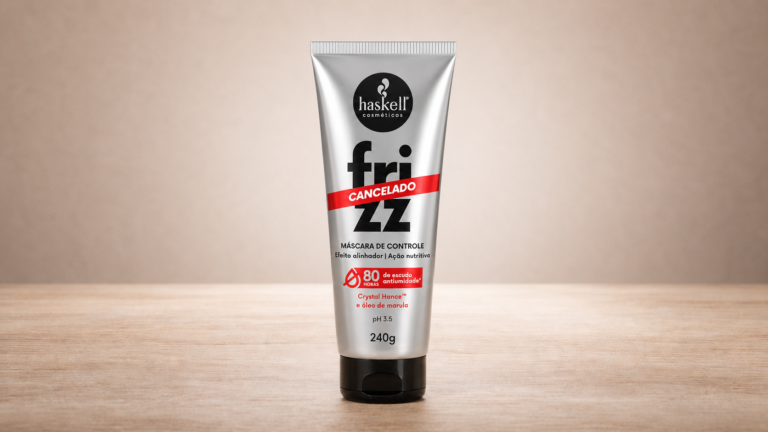 Haskell Frizz Cancelado Máscara de Controle 240g em bisnaga prateada, tratamento nutritivo para reduzir o frizz, alinhar os fios e proporcionar cabelos mais macios.