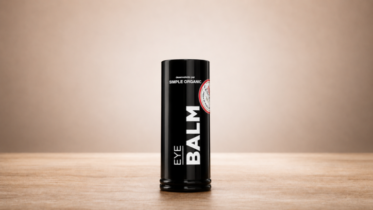 Simple Organic Eye Balm para a área dos olhos em embalagem cilíndrica preta, desenvolvido para hidratação e cuidado da região ocular.
