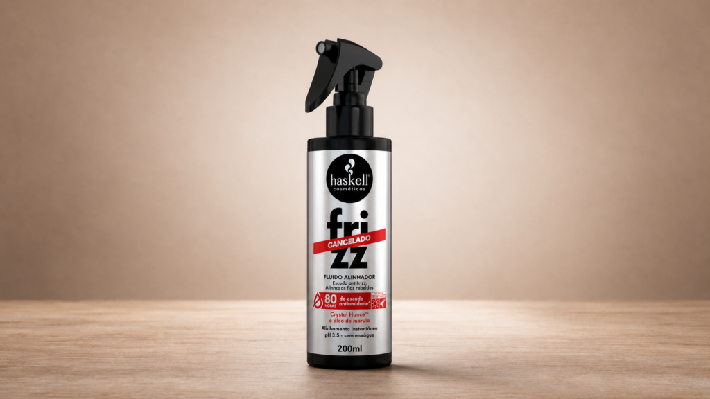Haskell Frizz Cancelado Fluido Alinhador 200ml em embalagem prateada com gatilho spray preto, desenvolvido para controlar o frizz, alinhar os fios e proteger contra a umidade.