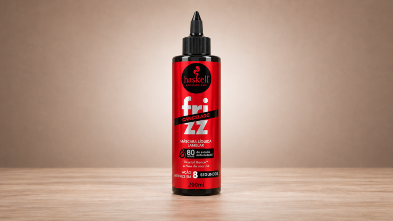 Haskell Frizz Cancelado Máscara Líquida Lamelar 200ml em embalagem vermelha, tratamento com ação antifrizz em poucos segundos para cabelos mais alinhados e brilhantes.