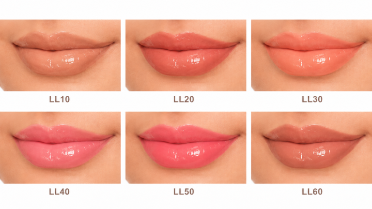 Comparação das seis tonalidades do Ruby Rose Cool Lips aplicadas nos lábios. A imagem mostra os tons LL10, LL20, LL30, LL40, LL50 e LL60 com acabamento brilhante e hidratante, destacando as diferenças entre as cores nude, rosadas e amarronzadas da coleção de hidratantes labiais da Ruby Rose.