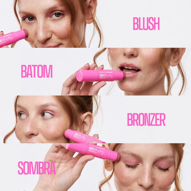 Pink Cheeks demonstra a versatilidade do Duo Stick by Manu Cit com aplicações como blush, batom, bronzer e sombra em diferentes áreas do rosto.