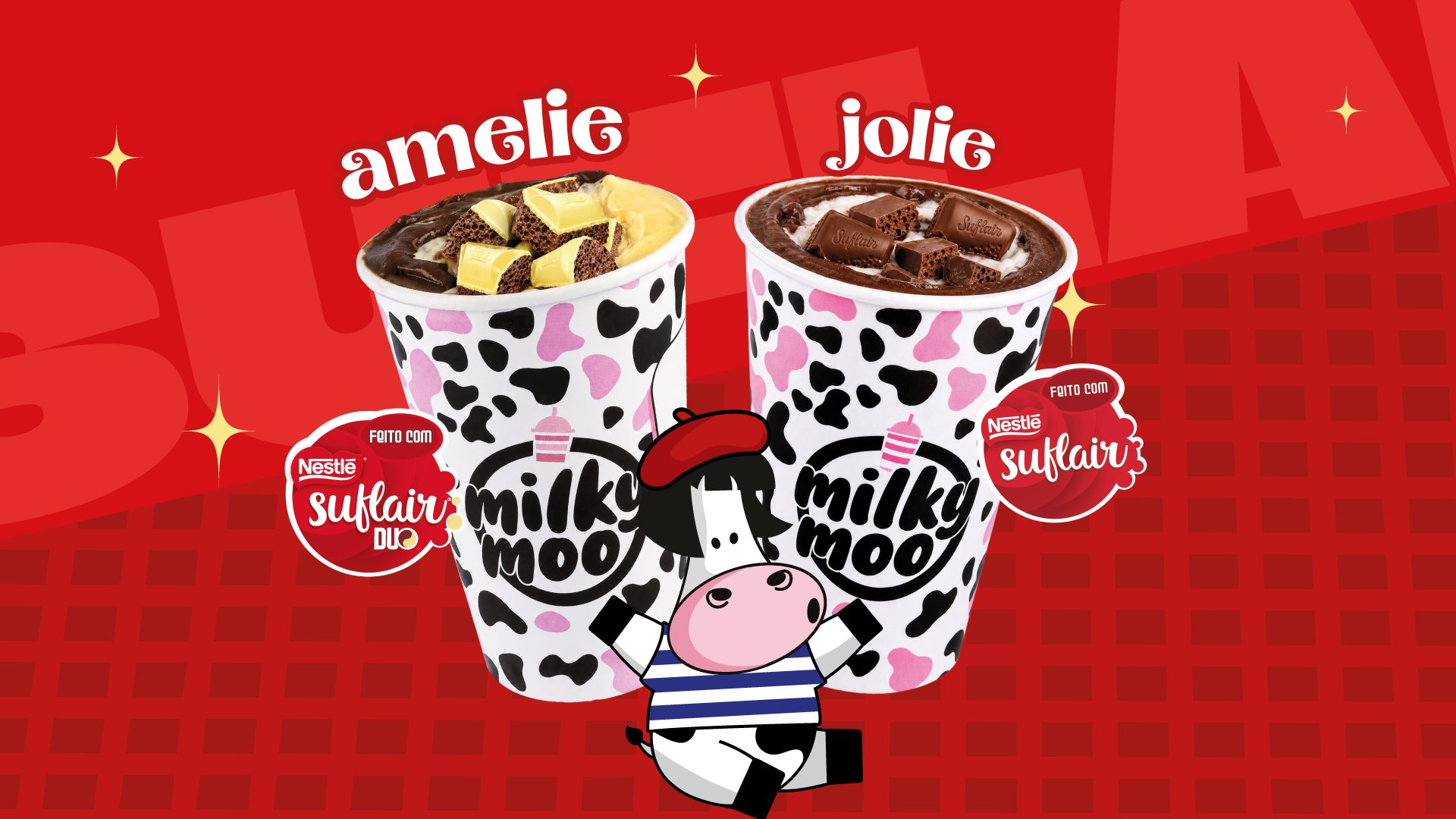 Campanha da Milky Moo em parceria com Nestlé apresenta os milkshakes Amelie e Jolie, inspirados em Suflair Duo e Suflair tradicional, com destaque para os produtos e a mascote da marca.