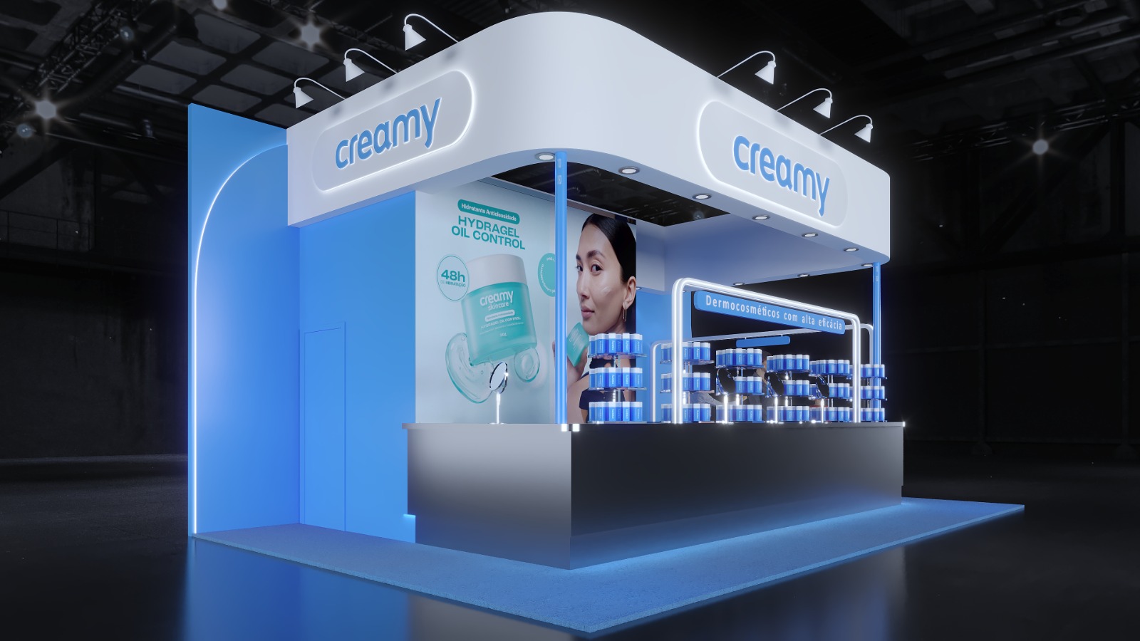 Estande da Creamy na Beauty Show 2026 com iluminação azul, exposição de dermocosméticos e destaque para o lançamento do hidratante Creamy Hydragel Oil Control.