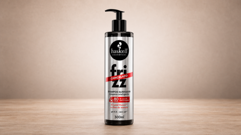 Haskell Frizz Cancelado Shampoo Alinhador 300ml em embalagem prateada com válvula pump preta, desenvolvido para limpeza inteligente, alinhamento dos fios e redução do frizz.