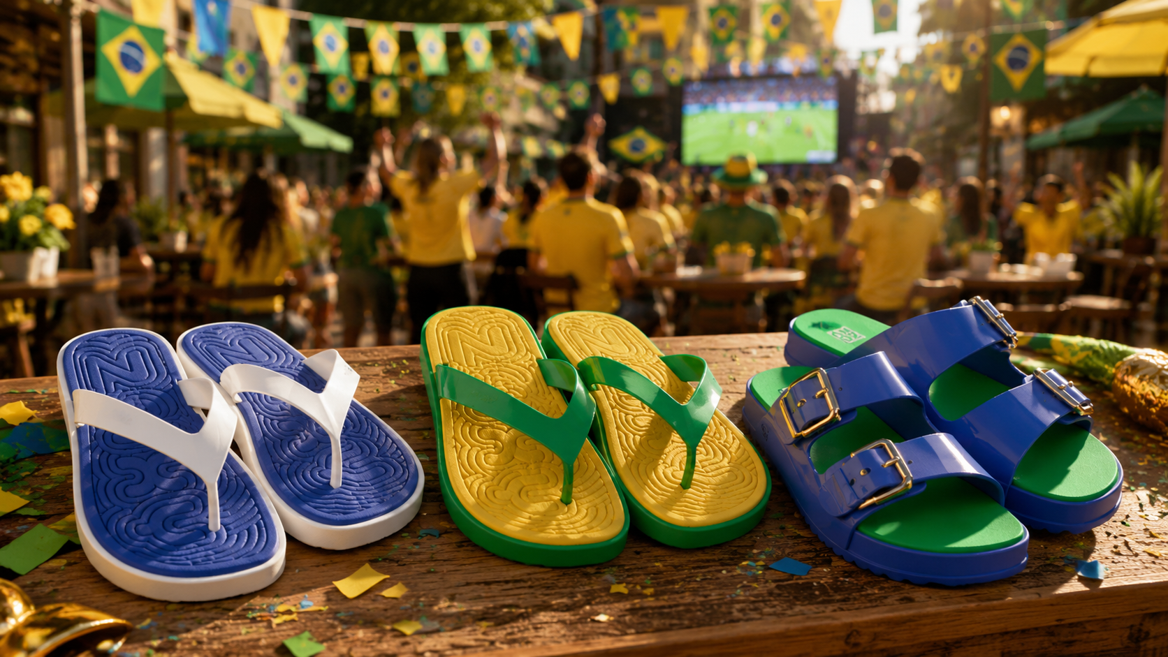 Modelos Zaxy inspirados nas cores da bandeira brasileira são exibidos sobre uma mesa de madeira durante uma celebração de futebol. A imagem destaca chinelos nas combinações azul e branco, verde e amarelo, além de uma sandália slide azul e verde, enquanto bandeirinhas e torcedores ao fundo reforçam o clima festivo dos dias de jogo.
