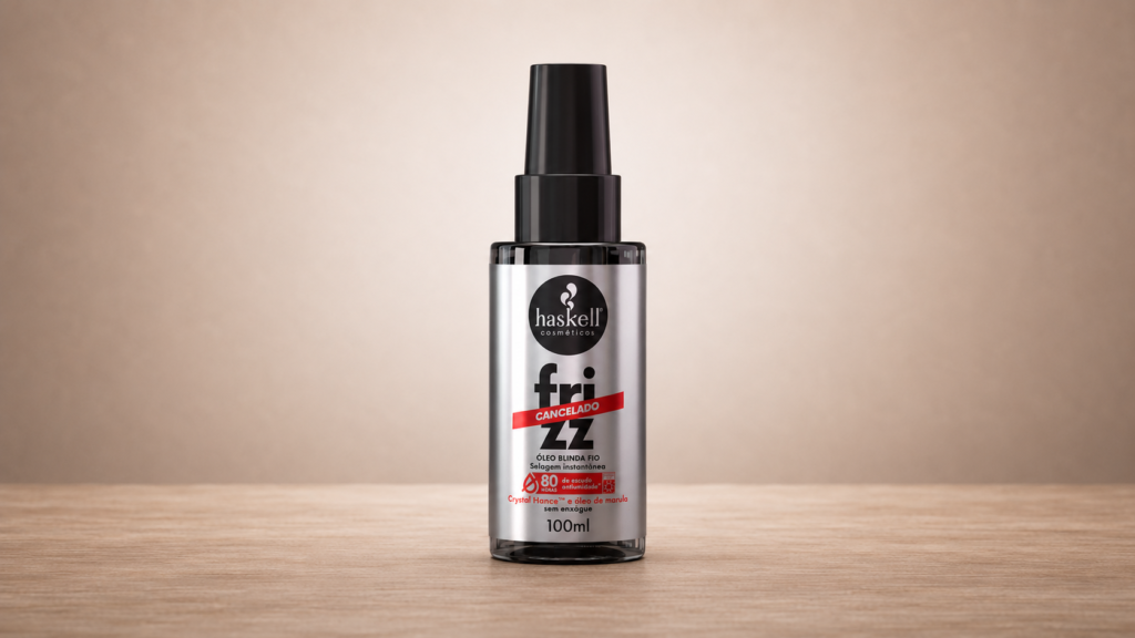 Haskell Frizz Cancelado Óleo Blinda Fios 100ml em frasco transparente com tampa preta, indicado para selagem instantânea, brilho intenso e controle do frizz sem enxágue.
