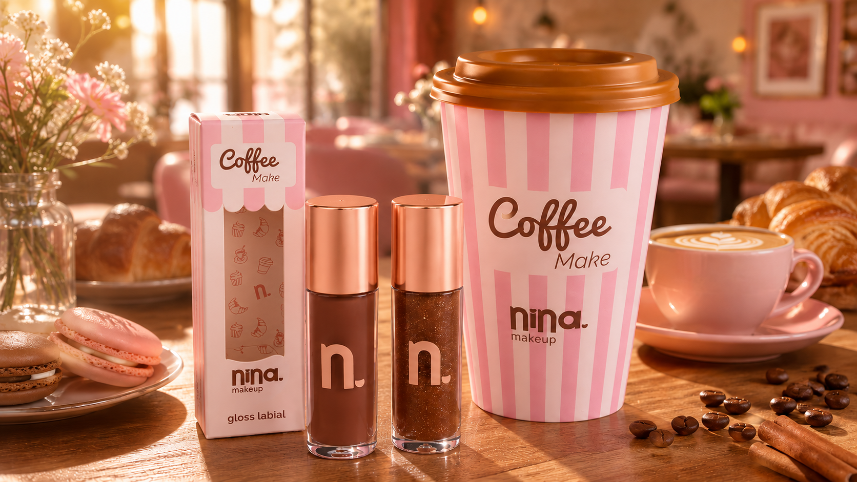 Nina Make Up Coffee Make: glosses Coffee e Latte ao lado do copo temático da coleção em uma cafeteria, com elementos como café, grãos, croissants e macarons reforçando a proposta sensorial da linha.