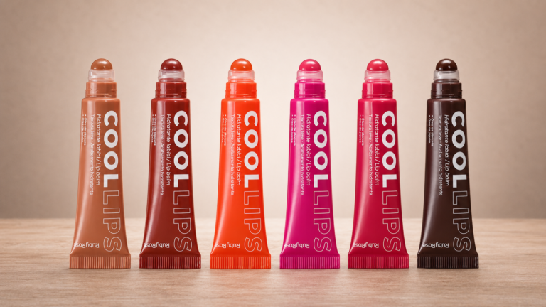 Coleção Ruby Rose Cool Lips exibida com os aplicadores abertos e posicionados sobre uma superfície de madeira. A imagem destaca os seis hidratantes labiais coloridos da linha, incluindo tons nude, marrom, terracota, coral e rosa, além das características pontas roller-ball que distribuem o produto diretamente nos lábios. O cenário evidencia as diferentes tonalidades e o acabamento hidratante da coleção Ruby Rose.