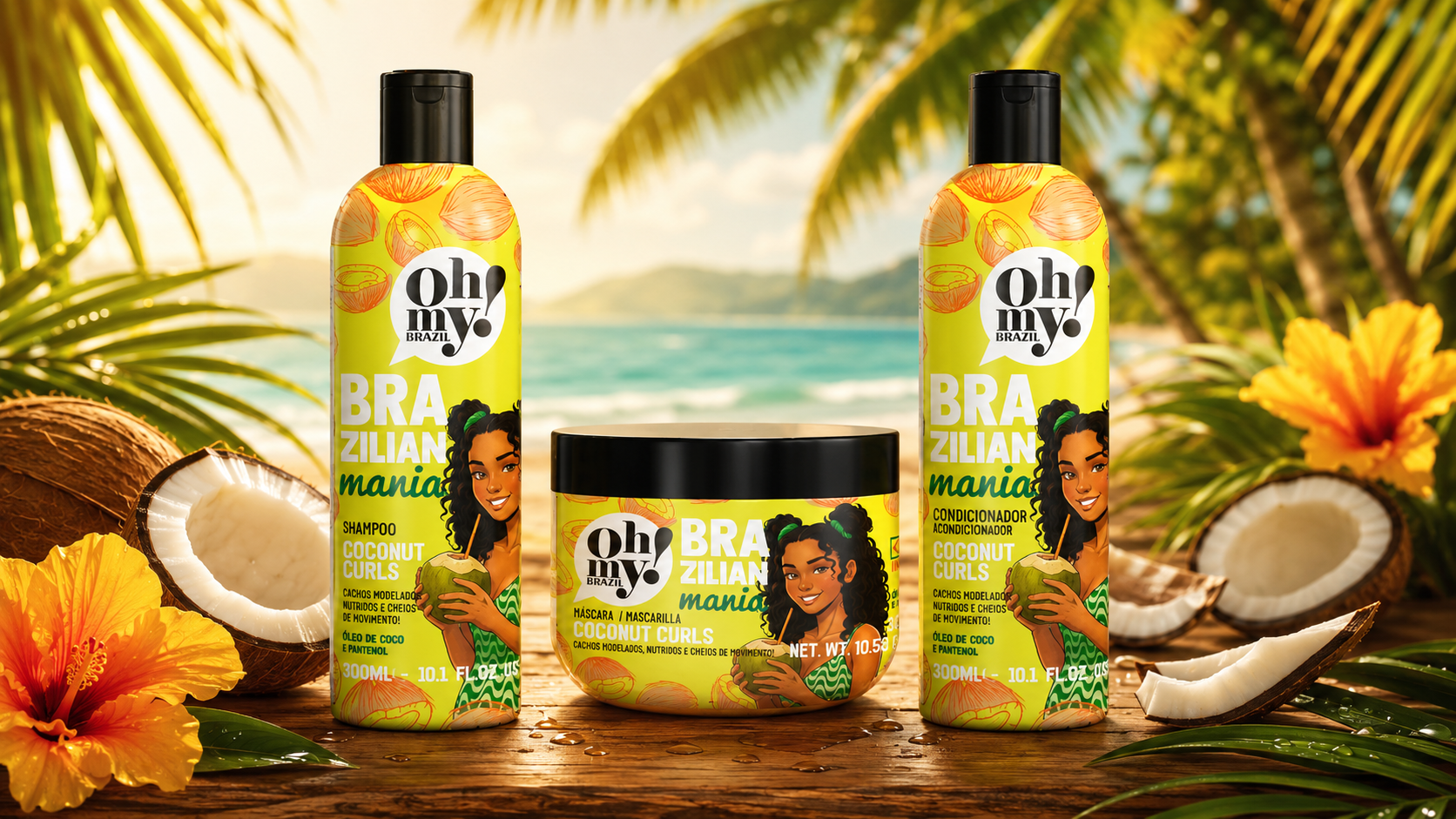 Kit completo Oh My! Brazilian Mania Coconut Curls com shampoo, condicionador e máscara em cenário tropical com cocos, flores e praia ao fundo, reforçando a proposta de nutrição e definição dos cachos.
