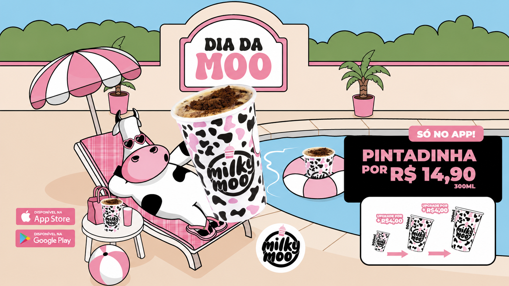 Milk Moo divulga a bebida Pintadinha em uma arte temática de verão com piscina, mascote da marca e destaque para a promoção exclusiva no app.