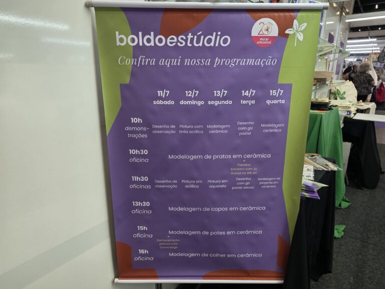 Programação diária do Boldo Estúdio destaca oficinas de modelagem em cerâmica, desenho e pintura na Mega Artesanal.