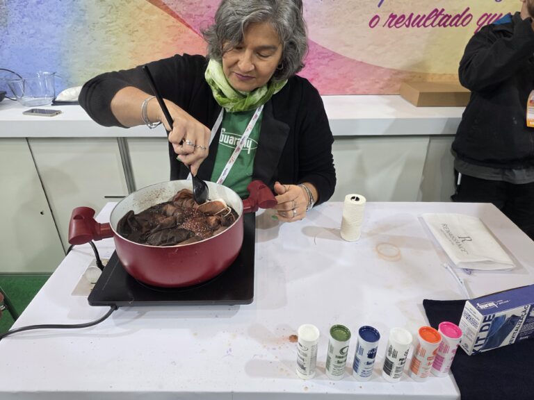 Professora da Guarany demonstra o processo de tingimento utilizando corantes da marca durante atividade prática na feira.