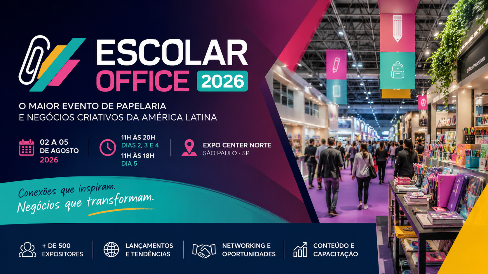 Escolar Office 2026 reúne visitantes e expositores no Expo Center Norte em um ambiente moderno, com estandes de papelaria, material escolar e produtos criativos, destacando tendências, lançamentos e oportunidades de negócios do setor.