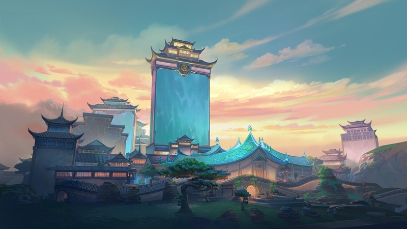 Mapa Summit de VALORANT com arquitetura inspirada na cultura chinesa, exibindo templos tradicionais, jardins e uma imponente torre ao centro sob um céu iluminado pelo pôr do sol.