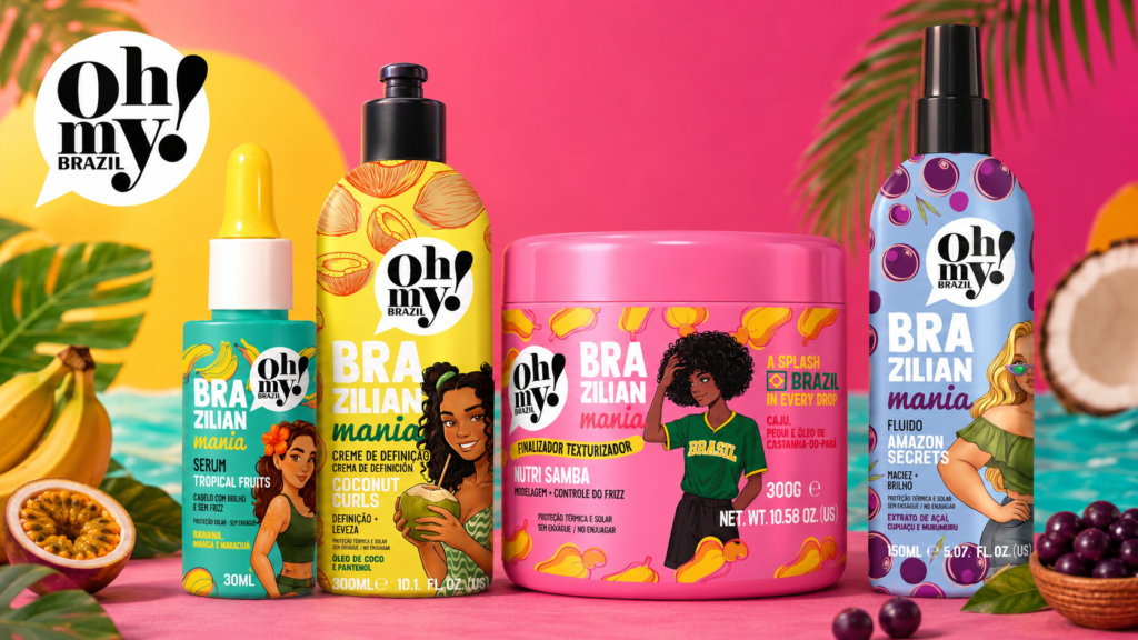 Oh My! Brazil apresenta a linha Brazilian Mania com quatro finalizadores capilares em um cenário tropical 16:9, destacando sérum, creme de definição, texturizador e fluido em embalagens coloridas inspiradas na diversidade brasileira.