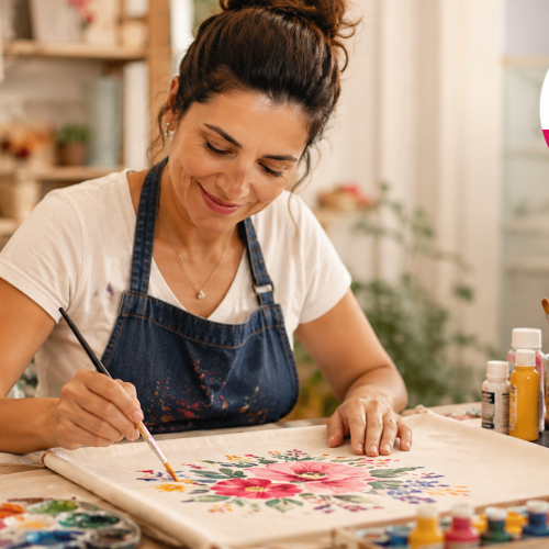 Mulher artista pinta tecido floral artesanal durante a Mega Artesanal 2026 em ambiente criativo com materiais de pintura, decoração e logo oficial comemorativo de 20 anos do evento.