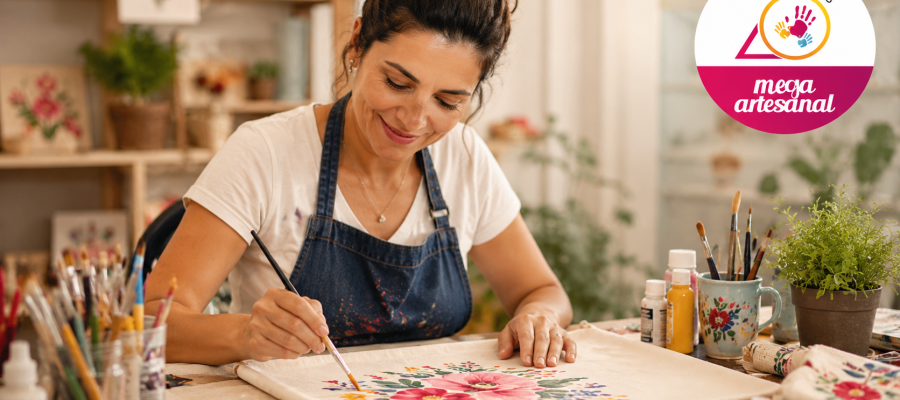 Mulher artista pinta tecido floral artesanal durante a Mega Artesanal 2026 em ambiente criativo com materiais de pintura, decoração e logo oficial comemorativo de 20 anos do evento.
