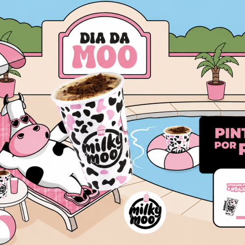 Milk Moo divulga a bebida Pintadinha em uma arte temática de verão com piscina, mascote da marca e destaque para a promoção exclusiva no app.