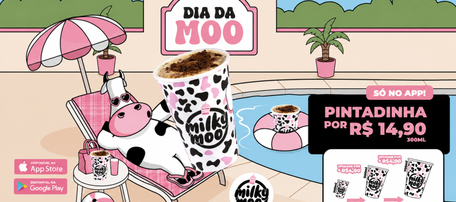 Milk Moo divulga a bebida Pintadinha em uma arte temática de verão com piscina, mascote da marca e destaque para a promoção exclusiva no app.