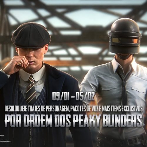 Imagem promocional do PUBG Mobile com colaboração Peaky Blinders apresenta Thomas Shelby, skins exclusivas e período do evento especial.