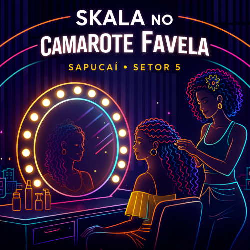 Perfeito 👌 aqui vai um texto alternativo (alt text) otimizado para SEO, incluindo a palavra-chave Skala de forma natural: Alt text: Ilustração em estilo neon com o título “Skala no Camarote Favela – Sapucaí Setor 5”, mostrando duas mulheres em uma ativação de beleza da Skala, onde uma realiza tranças na outra diante de uma penteadeira com espelho iluminado, em cenário inspirado no Carnaval carioca.