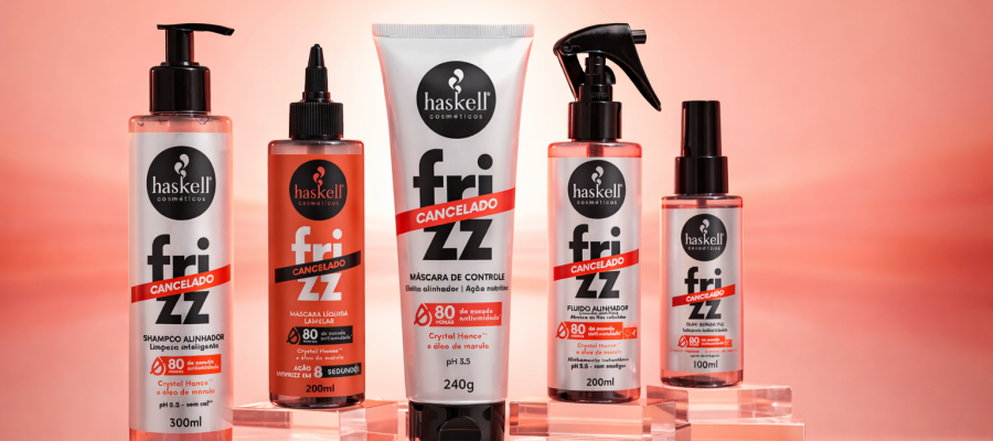 Linha Frizz Cancelado Da Haskell Cosméticos Com Shampoo, Máscara, Fluido E Óleo Capilar Para Controle Do Frizz