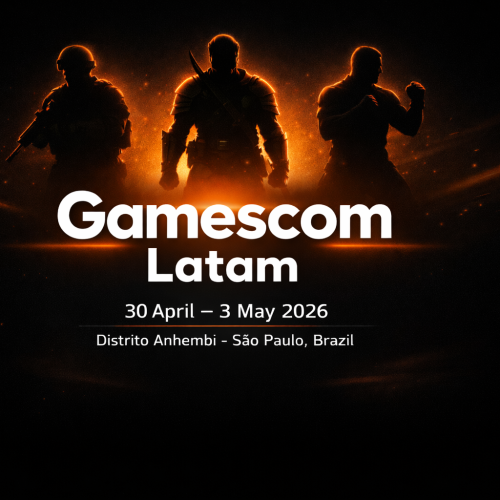 Banner promocional da gamescom Latam 2026 com fundo preto e iluminação laranja, três silhuetas de personagens de jogos ao topo e elementos gamer como controle, joystick retrô e teclado mecânico ao redor do título central.