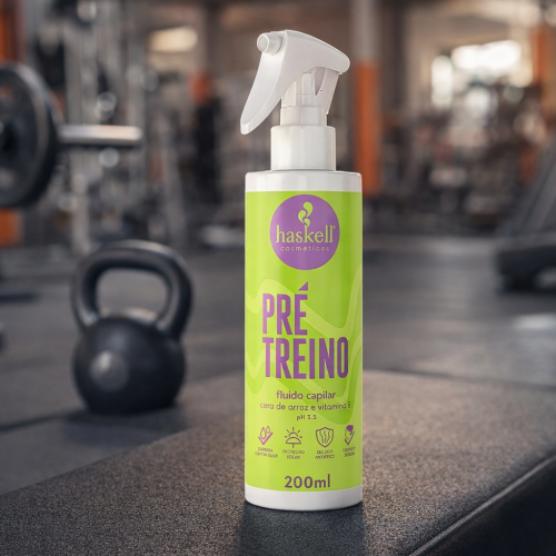 Pré-Treino Capilar Haskell em frasco verde posicionado em uma academia, com kettlebell e equipamentos ao fundo, destacando proteção capilar antes do treino.