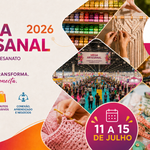 Banner promocional da Mega Artesanal 2026 mostra a feira repleta de estandes coloridos, materiais de artesanato, tecidos, linhas, bordados e oficinas criativas em São Paulo.