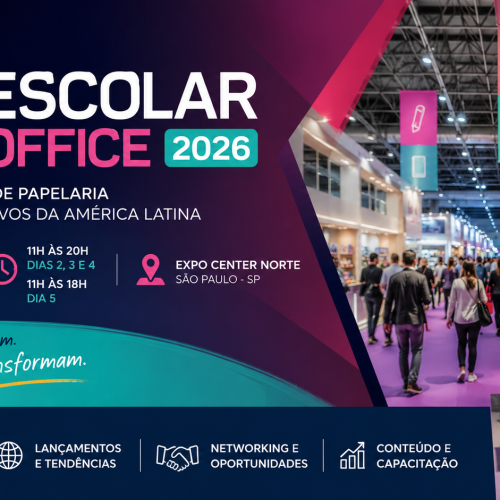 Escolar Office 2026 reúne visitantes e expositores no Expo Center Norte em um ambiente moderno, com estandes de papelaria, material escolar e produtos criativos, destacando tendências, lançamentos e oportunidades de negócios do setor.