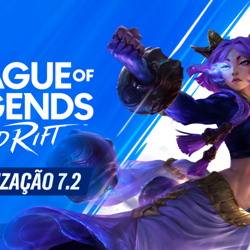 Arte promocional da Atualização 7.2 de Wild Rift destacando a campeã Yunara em pose de combate sobre fundo azul. A imagem exibe o logotipo de League of Legends: Wild Rift e anuncia a chegada da Atualização 7.2 com novos campeões, atualização visual de Ahri, mudanças nas mecânicas e novos conteúdos para o jogo.