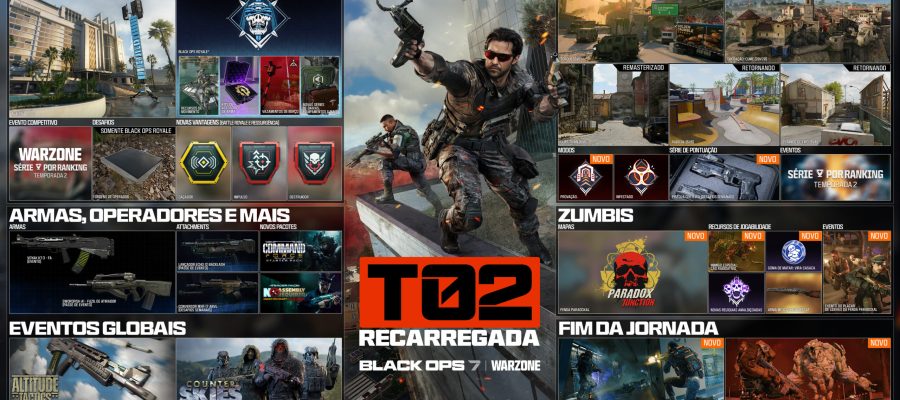 Painel da Temporada 2 Recarregada de Call of Duty Black Ops 7 e Warzone mostrando novos mapas, modos multiplayer, conteúdo Zombies e eventos da atualização.