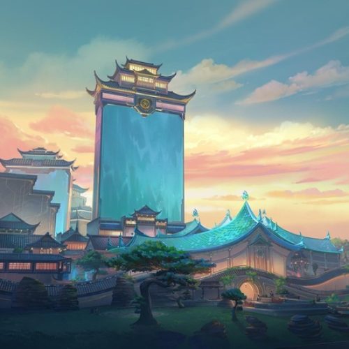 Mapa Summit de VALORANT com arquitetura inspirada na cultura chinesa, exibindo templos tradicionais, jardins e uma imponente torre ao centro sob um céu iluminado pelo pôr do sol.
