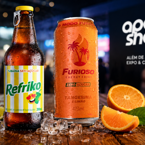 Bebidas Refriko Tubaína Zero e Furioso Tangerina e Limão Zero em destaque durante a Apas Show 2026, com cenário promocional iluminado, frutas cítricas e elementos refrescantes ao redor dos produtos.