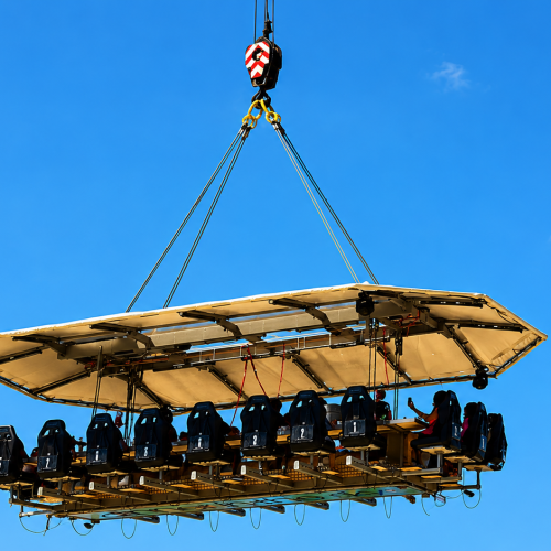 Plataforma suspensa do Dinner in the Sky eleva participantes para experiência gastronômica exclusiva com vista panorâmica e céu aberto em São Paulo.