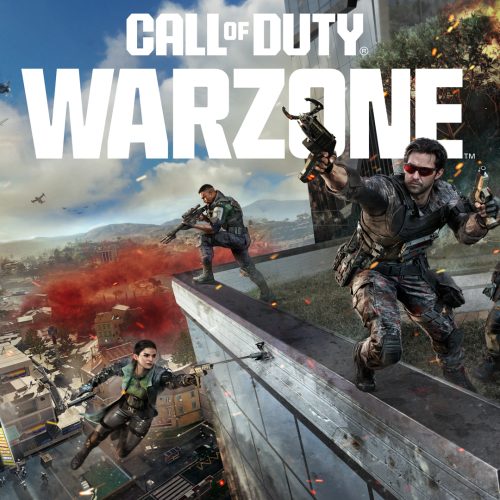 Cena promocional de Call Of Duty Warzone mostrando soldados em combate sobre um prédio enquanto explosões e helicópteros dominam o céu da cidade.