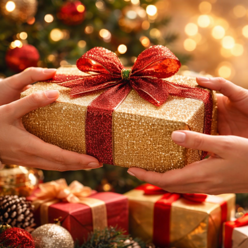 Troca de presentes no natal, com mãos entregando uma caixa dourada decorada, em ambiente iluminado e clima festivo.