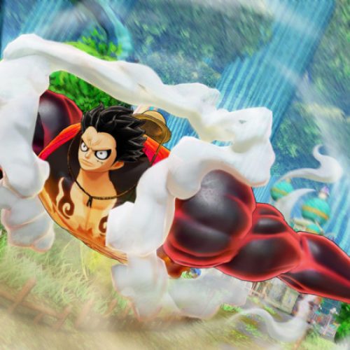 Imagem promocional de Luffy em combate aéreo usando Gear, com efeitos de fumaça e cenário vibrante em ONE PIECE: PIRATE WARRIORS 4.
