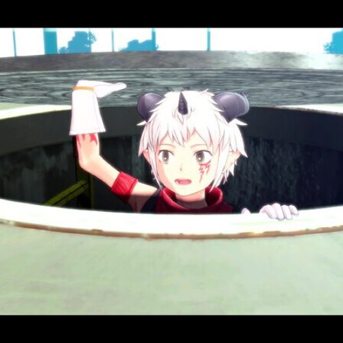 Personagem de Digimon Story Time Stranger emerge de uma abertura circular em cenário futurista, destacando a ambientação do RPG e seus elementos narrativos.