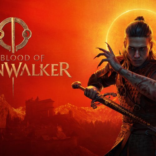 Arte promocional de The Blood Of Dawnwalker mostra guerreiro com espada em cenário vermelho intenso, com eclipse ao fundo e atmosfera dark fantasy.