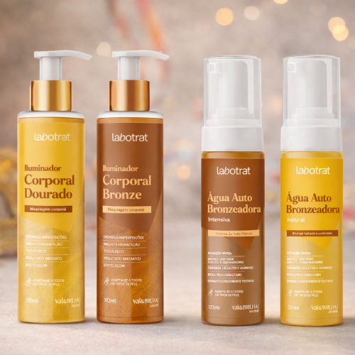 Produtos Labotrat da linha Vai & Brilha, com iluminadores corporais dourado e bronze e águas autobronzeadoras natural e intensiva em cenário editorial de Carnaval.