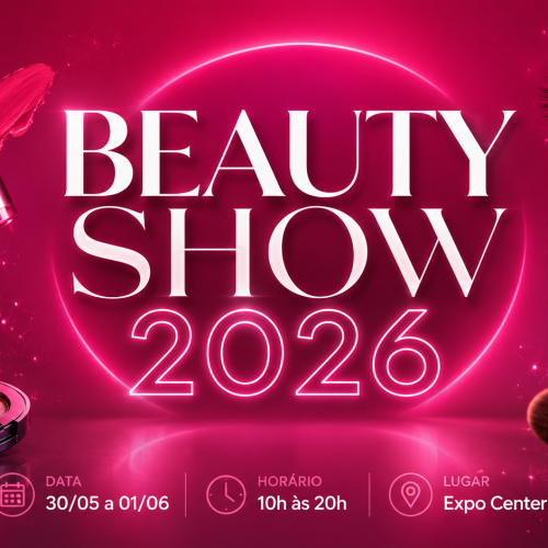 Banner promocional da Beauty Show 2026 com fundo rosa neon e elementos de maquiagem flutuando, incluindo batom, pincéis, cílios postiços, esmalte e esponja. No centro, o título “Beauty Show 2026” aparece em destaque com efeito luminoso. A arte também exibe as informações do evento: data de 30/05 a 01/06, horário das 10h às 20h e local Expo Center Norte.