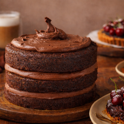 Bolo de chocolate plant-based com camadas cremosas, servido em mesa rústica, inspirado em receitas clássicas adaptadas com A Tal Da Castanha.