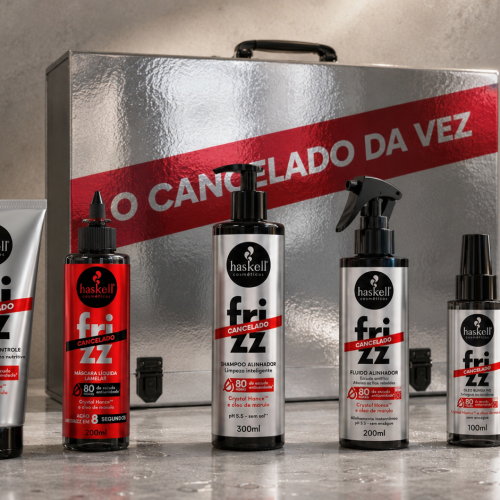 Haskell Frizz Cancelado em kit completo com shampoo, máscara de controle, máscara líquida lamelar, fluido alinhador e óleo blinda fios, acompanhados da mala personalizada da linha, desenvolvida para reduzir o frizz, alinhar os fios e proteger contra a umidade.