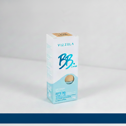 Embalagem do BB Cream Vizzela em tons de branco e azul claro, destacando o FPS 30 e o sistema pump airless.