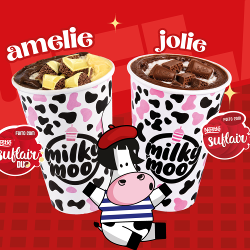 Campanha da Milky Moo em parceria com Nestlé apresenta os milkshakes Amelie e Jolie, inspirados em Suflair Duo e Suflair tradicional, com destaque para os produtos e a mascote da marca.